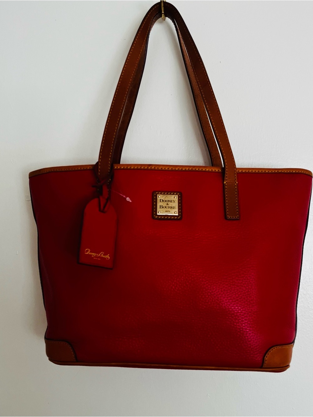 Dooney & Bourke Red Leather Tote with Brown Trim